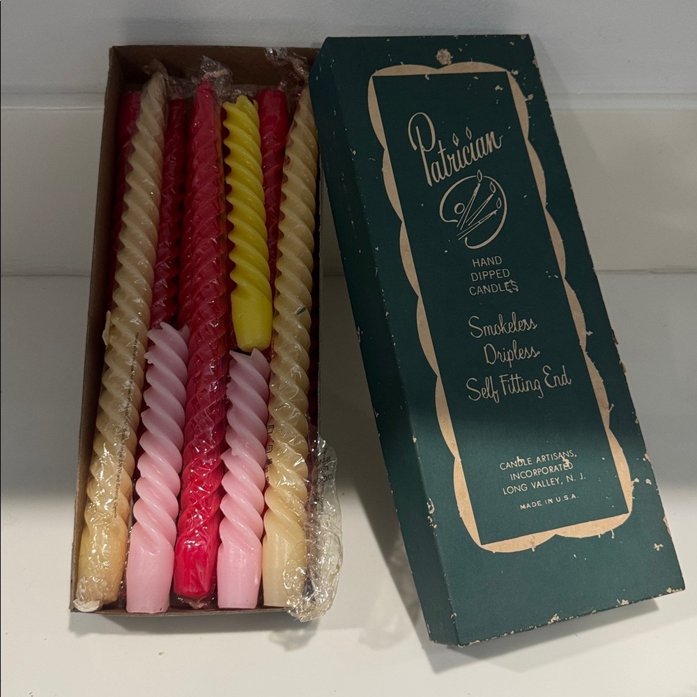 VINTAGE Patrician Spiraled Taper Candles 12 Inch Red Ivory Set of 12 Hand Dipped